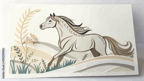 Paper cut style illustration of a graceful horse running through a stylized landscape with plants and rolling hills