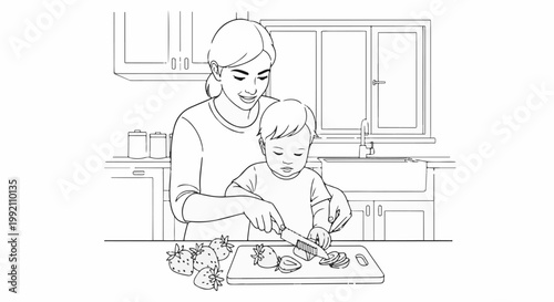 Woman and child in kitchen preparing strawberries on cutting board