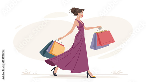 Elegant woman in a long purple dress walking and carrying shopping bags, fashion illustration