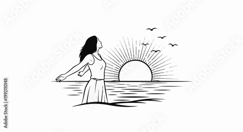 Woman embraces sunrise by the ocean with birds in flight