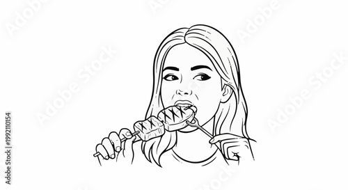 Woman eating a skewer of grilled meat with a fork