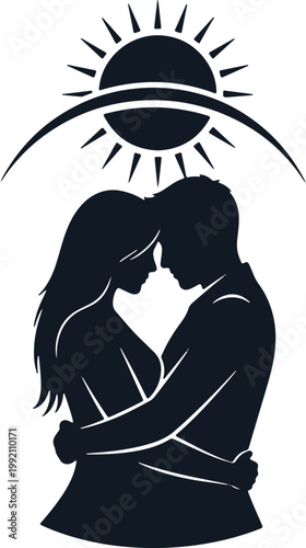 Couple embracing under sun and moon romantic love relationship and partnership symbol.