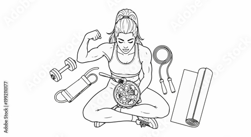 Woman flexing muscles, eating healthy food surrounded by workout gear