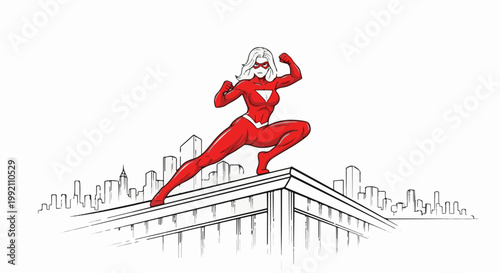 Woman in red superhero costume crouches on rooftop, city skyline in background