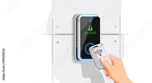 A person uses a modern grey key fob to activate a sleek black electronic security lock mounted on a textured concrete wall with blue glowing lights.