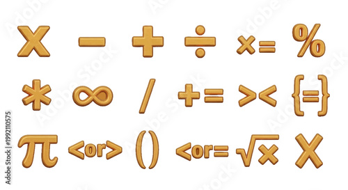 Vector illustration of set of 3d golden mathematical symbols and operators on a transparent background