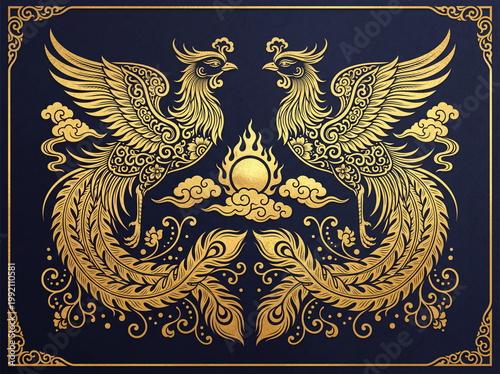 Golden Phoenix: An opulent representation of the mythological phoenix, intricately designed in shimmering gold against a deep background. Illustrating rebirth and beauty.