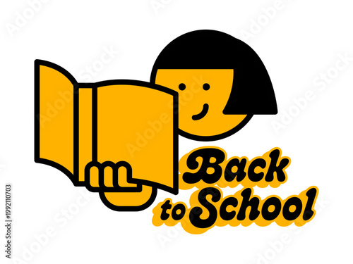 Minimalist vector illustration of a student reading a book with "Back to School" typography in a retro yellow and black style.