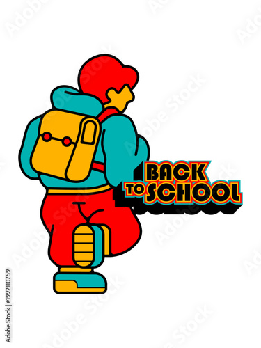 A stylized flat illustration of a student wearing a backpack walking with 'Back to School' typography, featuring a vibrant primary color palette and bold outlines.