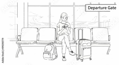 Woman on phone in airport departure lounge with luggage, waiting for flight