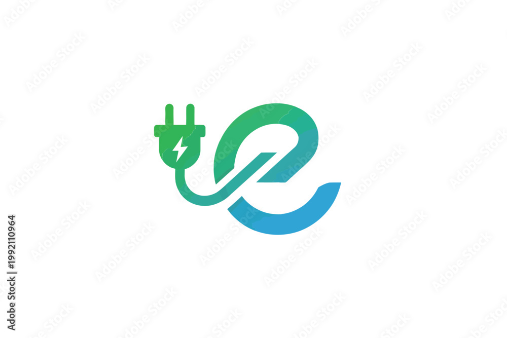 Fototapeta premium Abstract logo featuring a green electrical plug and flowing blue energy
