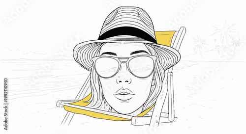 Woman wearing a hat and sunglasses on a beach chair at the ocean