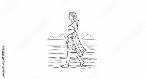 Woman walks along the water's edge with a towel draped over her arm