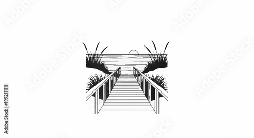 Wooden boardwalk leads to a serene sunset over a calm body of water with tall grasses