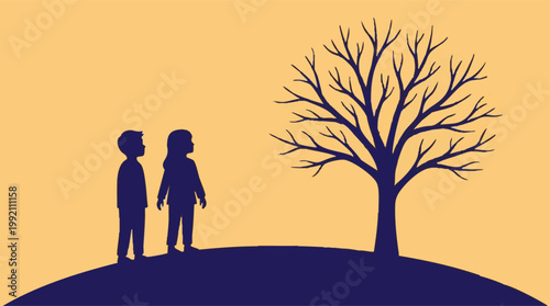 Silhouettes of children and a bare tree on a hill, minimalist illustration