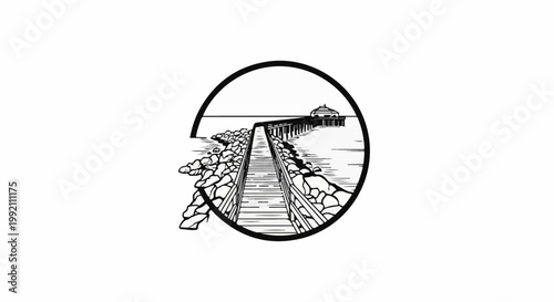 Wooden pier extending over water with rocky embankment, circular frame