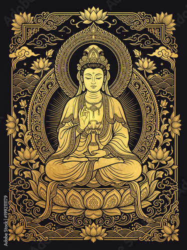 Detailed flat art vector illustration of Guanyin (Goddess of Mercy / Avalokitesvara Bodhisattva) meditating on a lotus flower