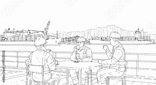 Workers in hard hats relax with drinks at a table overlooking a busy harbor