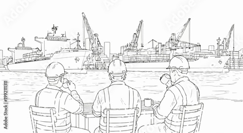 Workers in hard hats observe cargo ships and cranes at a busy port