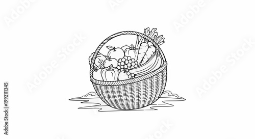 Woven basket overflowing with assorted fruits and vegetables, rendered in black and white line art