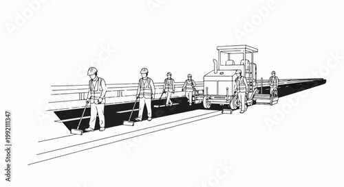 Workers pave a road with machinery and tools