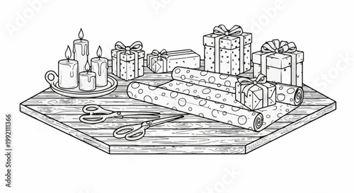 Wrapped gifts, patterned paper, scissors, and lit candles on wooden surface