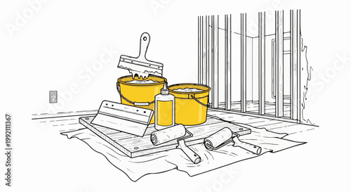 Yellow buckets, glue, rollers, and scrapers are arranged on a drop cloth