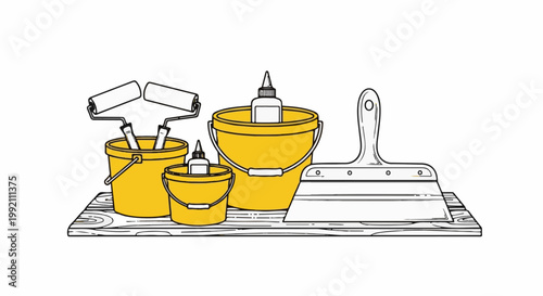 Yellow buckets with paint rollers and glue bottles, plus a putty knife