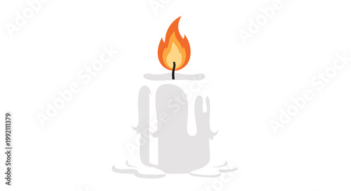 A pristine white candle displays heavy layers of melting wax drips as a vibrant orange and yellow flame burns brightly at the top of the wick.