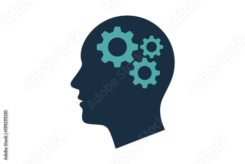 A human head silhouette containing teal gears representing thought and mechanics