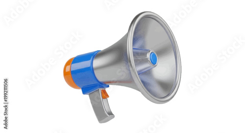 Vector illustration of 3d render of a metallic megaphone with blue and orange accents on a transparent background