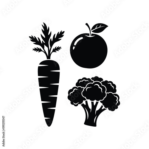 Detailed glyph icon set featuring a fresh carrot apple and broccoli head for healthy food and nutrition concepts