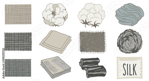 Textile Material Collection Vector Illustration Set Featuring Cotton Wool Silk Fabric Swatches and Fibers for Fashion Design and Textile Industry Project Assets