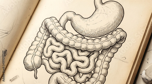 Tableau sur toile Vintage medical illustration of human digestive system anatomy with digestive in