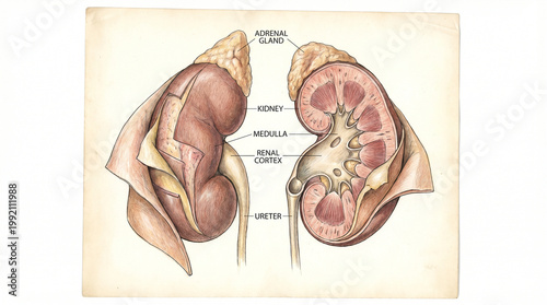 Cuadro en lienzo Labeled illustration of human kidneys and adrenal glands with physiology scienti
