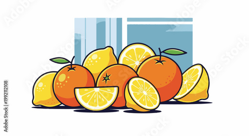 A still life composition of vibrant citrus fruits, including oranges and lemons, arranged artfully