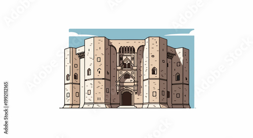 A stone fortress with square towers and a central arched entrance under a sky