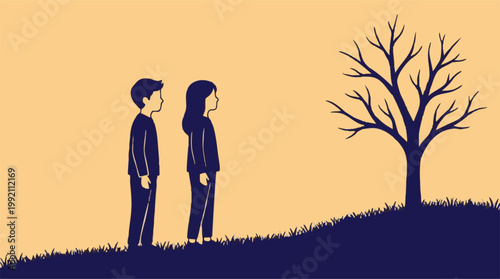Minimalist illustration of a couple on a hill looking at a bare tree