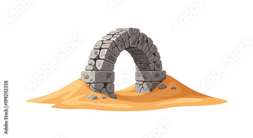 A crumbling grey stone archway stands partially buried within soft orange desert sand dunes under a bright and clear white background lighting setup.