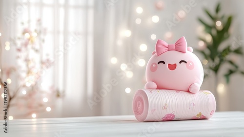 Kawaii pink mascot character with bow resting on a bubble tea roll