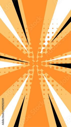 Vertical Pop Art Comic Sunburst Background with Halftone Texture and Action Lines. Retro Superhero Style Backdrop in Orange and Yellow for Social Media Stories, Flash Sale, and Promotional Poster Desi