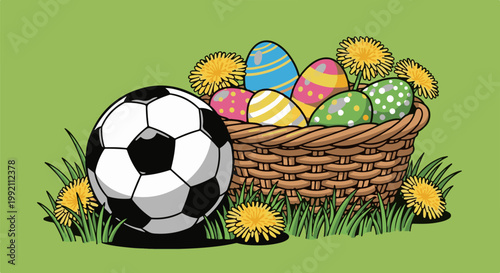 A soccer ball sits beside a basket overflowing with colorful Easter eggs and bright yellow dandelions