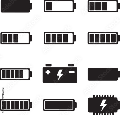 Battery Icons Set with Different Charge Levels on White Background