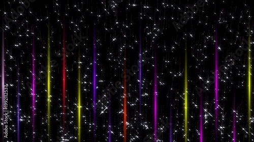 Neon stripes with Sparkles Loop. Colored neon lines and white sparkling star light animation, seamless loop.