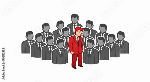A solitary figure in a red suit stands out from a crowd of gray-suited individuals