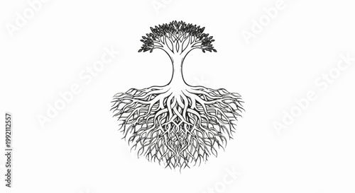 A stylized black and white drawing of a tree with prominent roots and leaves