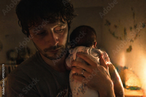Tender Young Father with Wedding Ring Gently Holding Newborn Baby in Dimly Lit Room at Night