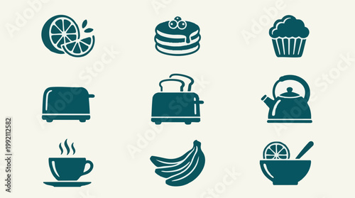 Breakfast and kitchen icons set: food, fruit, drinks, appliances