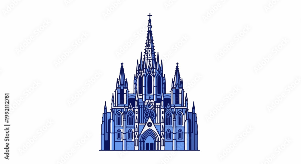 Obraz premium A stylized blue drawing of a gothic cathedral with multiple spires and a cross