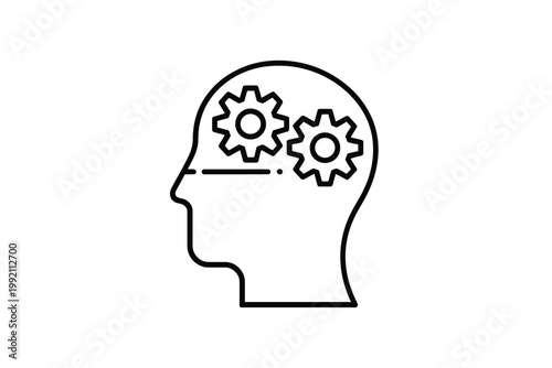 Human head profile with gears inside representing thought process